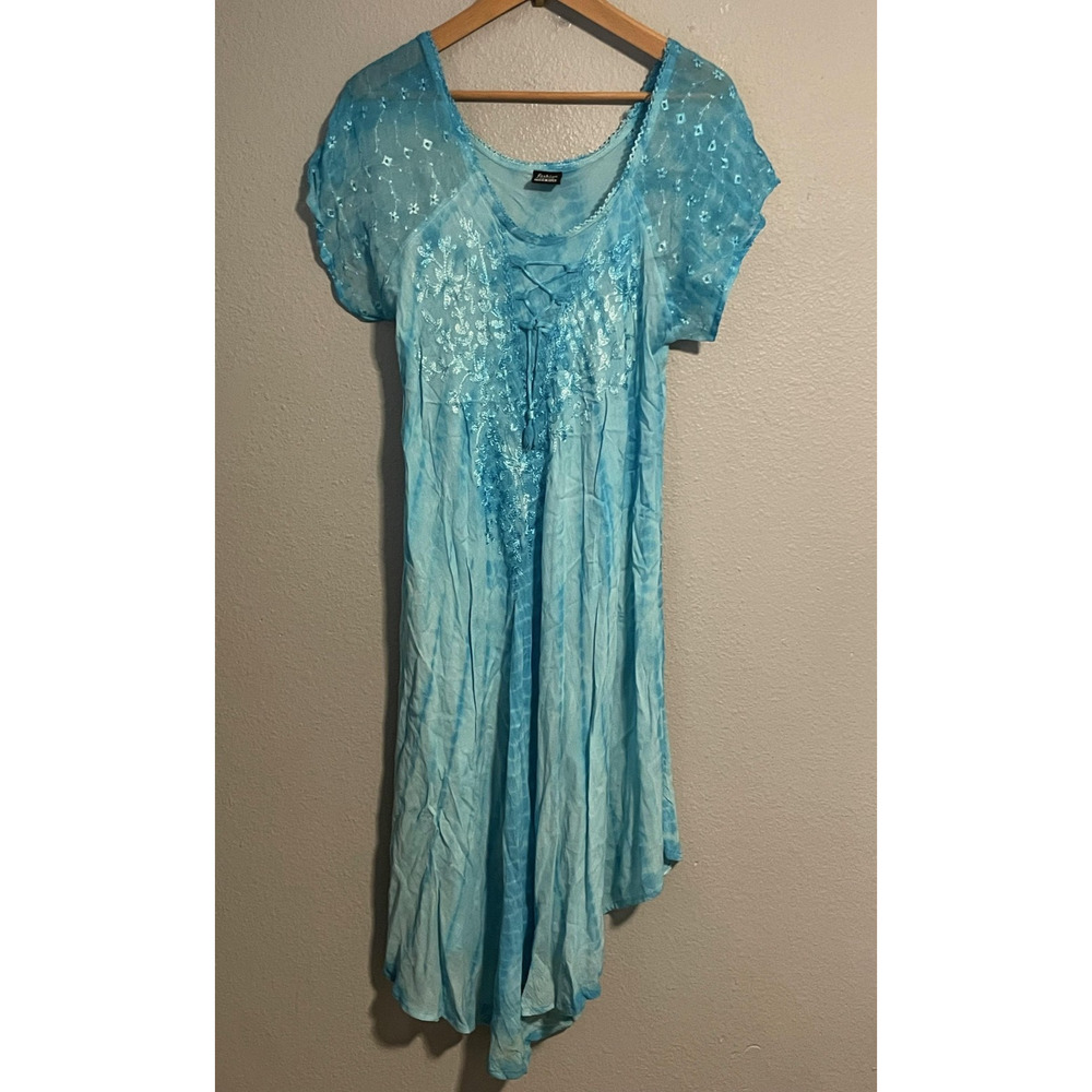 Fashion Force Dress Womens Free Size Blue Tie Dye Embroidered Boho Asym Hem READ